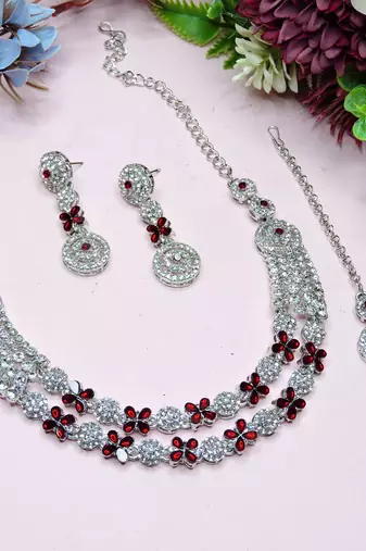 Maroon rhodium premium designer american diamond and stone work necklace set