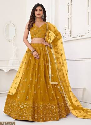 Mustard Net Embroidered & Thread Work Semi Stitched Lehenga Choli 1