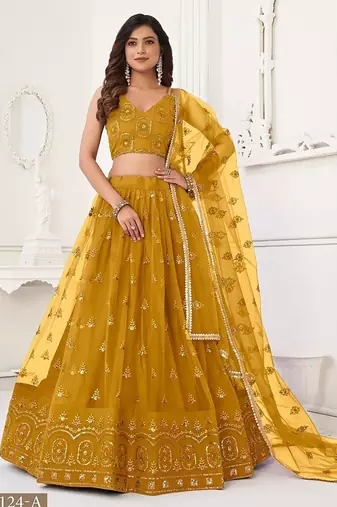 Mustard Net Embroidered & Thread Work Semi Stitched Lehenga Choli