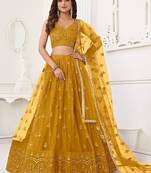 Mustard Net Embroidered & Thread Work Semi Stitched Lehenga Choli
