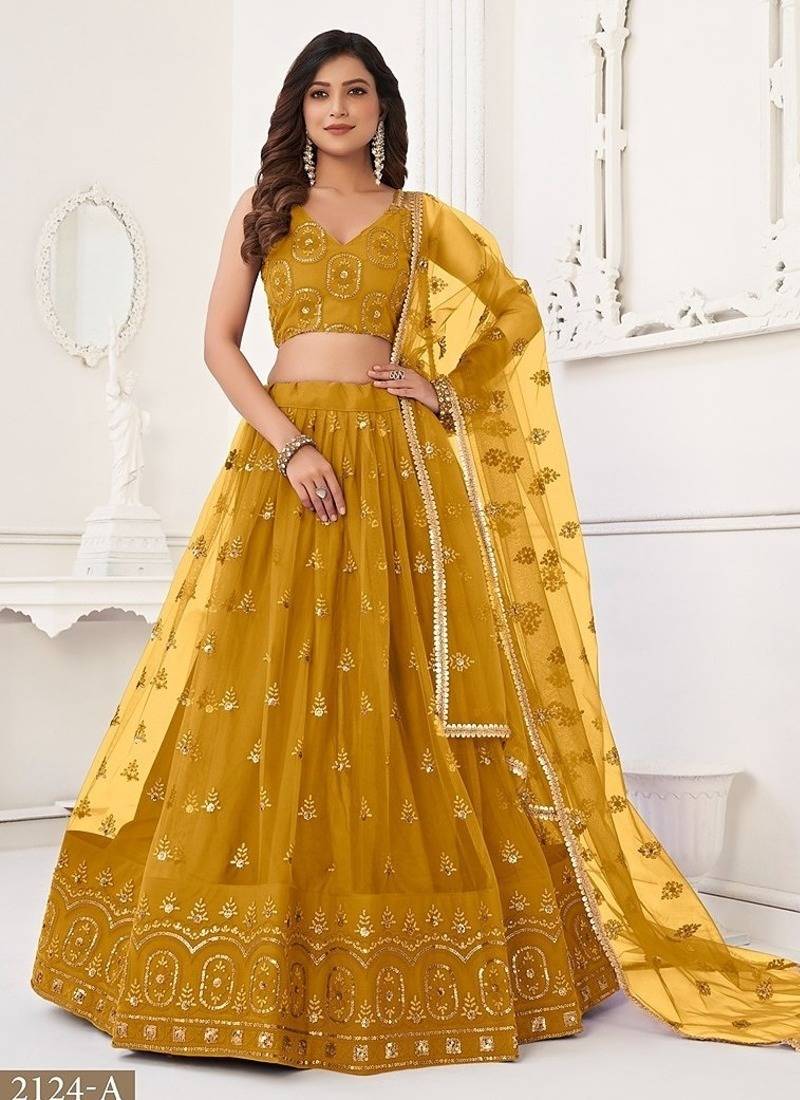 Mustard Net Embroidered & Thread Work Semi Stitched Lehenga Choli
