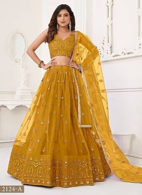 Mustard Net Embroidered & Thread Work Semi Stitched Lehenga Choli 2