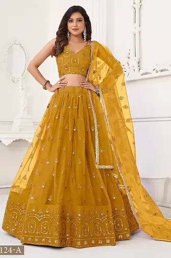 Mustard Net Embroidered & Thread Work Semi Stitched Lehenga Choli