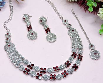 Maroon rhodium premium designer american diamond and stone work necklace set 3
