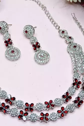 Maroon rhodium premium designer american diamond and stone work necklace set