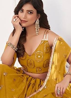 Mustard Net Embroidered & Thread Work Semi Stitched Lehenga Choli 3