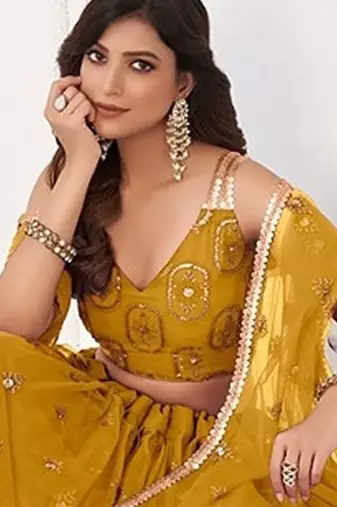 Mustard Net Embroidered & Thread Work Semi Stitched Lehenga Choli