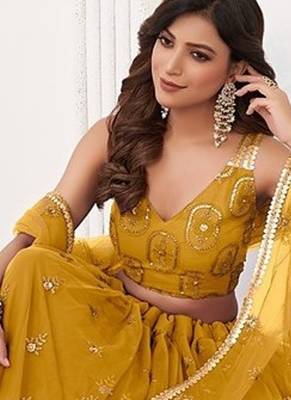 Mustard Net Embroidered & Thread Work Semi Stitched Lehenga Choli 4