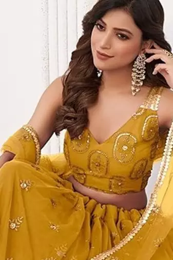 Mustard Net Embroidered & Thread Work Semi Stitched Lehenga Choli