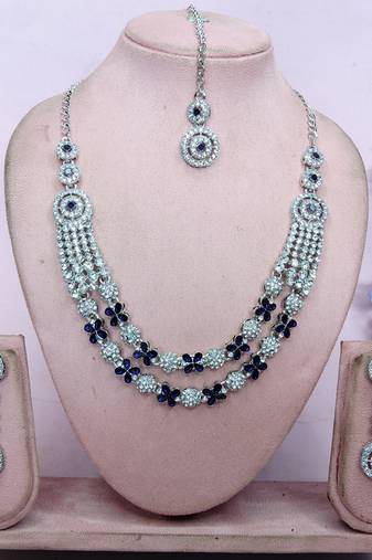 Blue rhodium premium designer american diamond and stone work necklace set