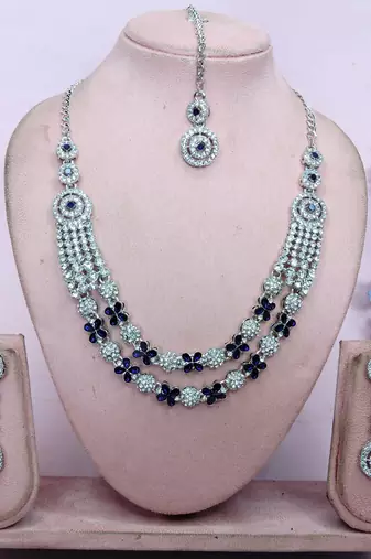 Blue rhodium premium designer american diamond and stone work necklace set