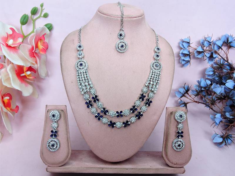 Blue rhodium premium designer american diamond and stone work necklace set