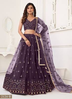 Wine Net Embroidered & Thread Work Semi Stitched Lehenga Choli 1