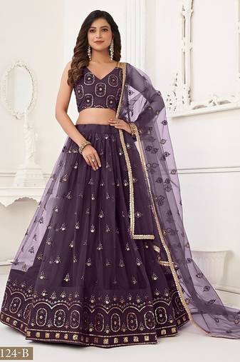 Wine Net Embroidered & Thread Work Semi Stitched Lehenga Choli