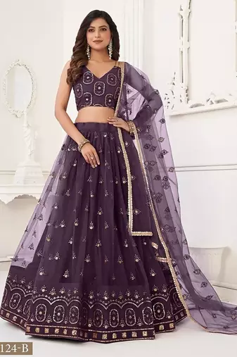 Wine Net Embroidered & Thread Work Semi Stitched Lehenga Choli