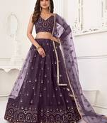 Wine Net Embroidered & Thread Work Semi Stitched Lehenga Choli