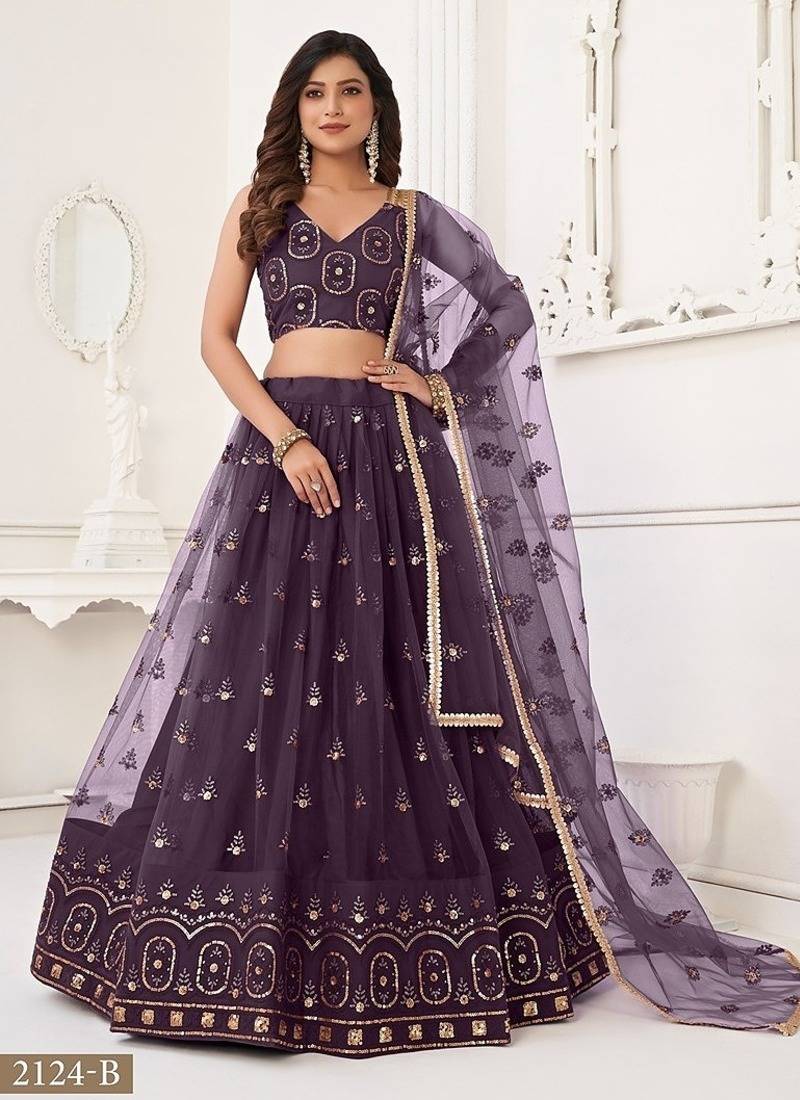 Wine Net Embroidered & Thread Work Semi Stitched Lehenga Choli