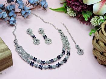 Blue rhodium premium designer american diamond and stone work necklace set 2
