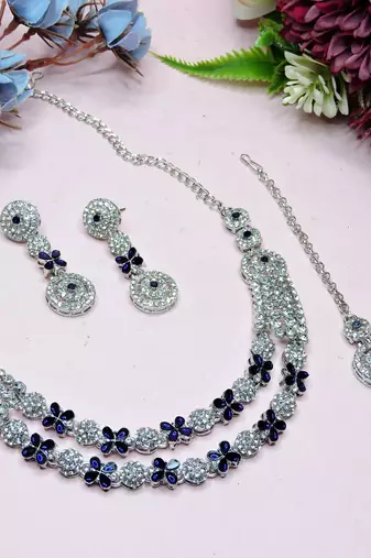 Blue rhodium premium designer american diamond and stone work necklace set