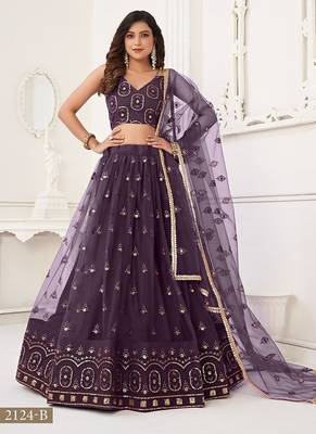 Wine Net Embroidered & Thread Work Semi Stitched Lehenga Choli 2