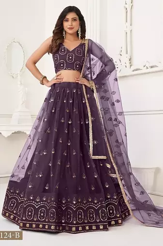 Wine Net Embroidered & Thread Work Semi Stitched Lehenga Choli