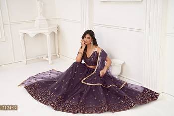 Wine Net Embroidered & Thread Work Semi Stitched Lehenga Choli 3