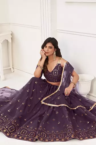 Wine Net Embroidered & Thread Work Semi Stitched Lehenga Choli