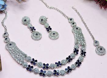 Blue rhodium premium designer american diamond and stone work necklace set 3