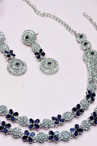 Blue rhodium premium designer american diamond and stone work necklace set