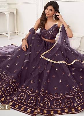Wine Net Embroidered & Thread Work Semi Stitched Lehenga Choli 4