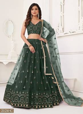 Green Net Embroidered & Thread Work Semi Stitched Lehenga Choli 1
