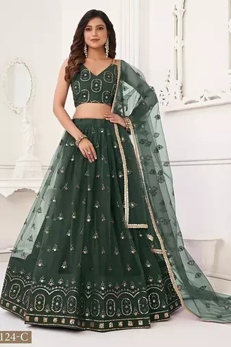 Green Net Embroidered & Thread Work Semi Stitched Lehenga Choli