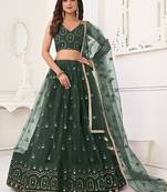 Green Net Embroidered & Thread Work Semi Stitched Lehenga Choli