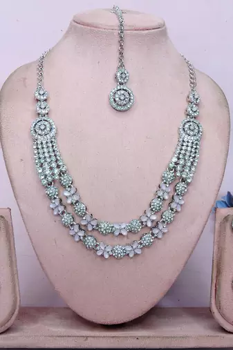 Pink rhodium premium designer american diamond and stone work necklace set