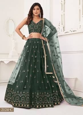 Green Net Embroidered & Thread Work Semi Stitched Lehenga Choli 2