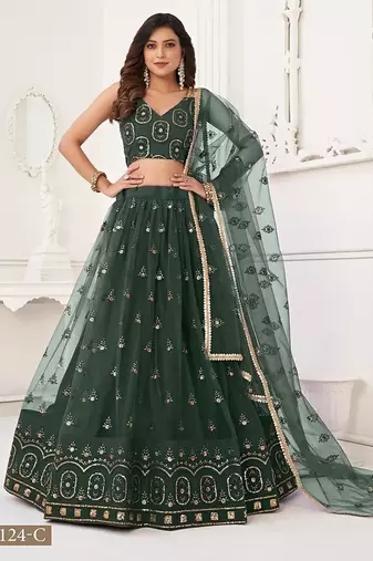 Green Net Embroidered & Thread Work Semi Stitched Lehenga Choli