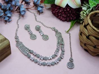 Pink rhodium premium designer american diamond and stone work necklace set 3