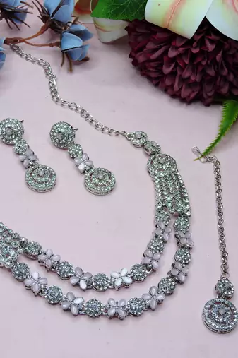 Pink rhodium premium designer american diamond and stone work necklace set