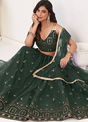 Green Net Embroidered & Thread Work Semi Stitched Lehenga Choli 3