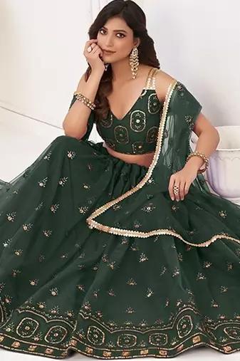 Green Net Embroidered & Thread Work Semi Stitched Lehenga Choli