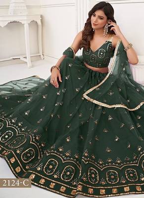 Green Net Embroidered & Thread Work Semi Stitched Lehenga Choli 4