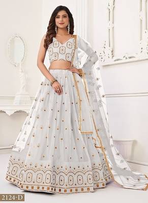 Off White Net Embroidered & Thread Work Semi Stitched Lehenga Choli 1