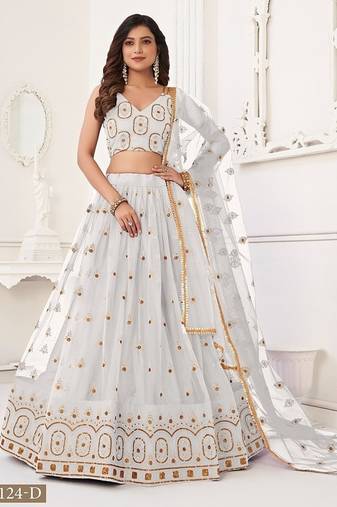 Off White Net Embroidered & Thread Work Semi Stitched Lehenga Choli
