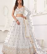 Off White Net Embroidered & Thread Work Semi Stitched Lehenga Choli