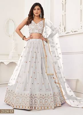 Off White Net Embroidered & Thread Work Semi Stitched Lehenga Choli 2