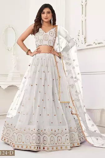 Off White Net Embroidered & Thread Work Semi Stitched Lehenga Choli