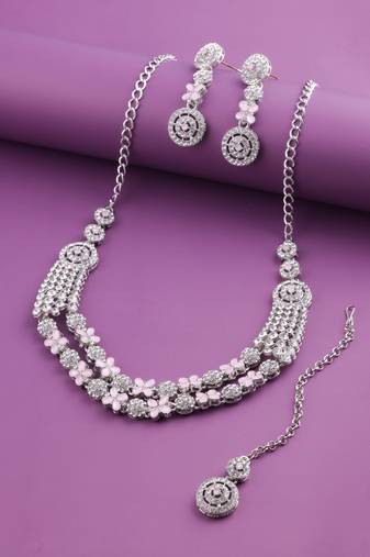 Pink rhodium premium designer american diamond and stone work necklace set