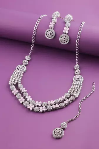 Pink rhodium premium designer american diamond and stone work necklace set