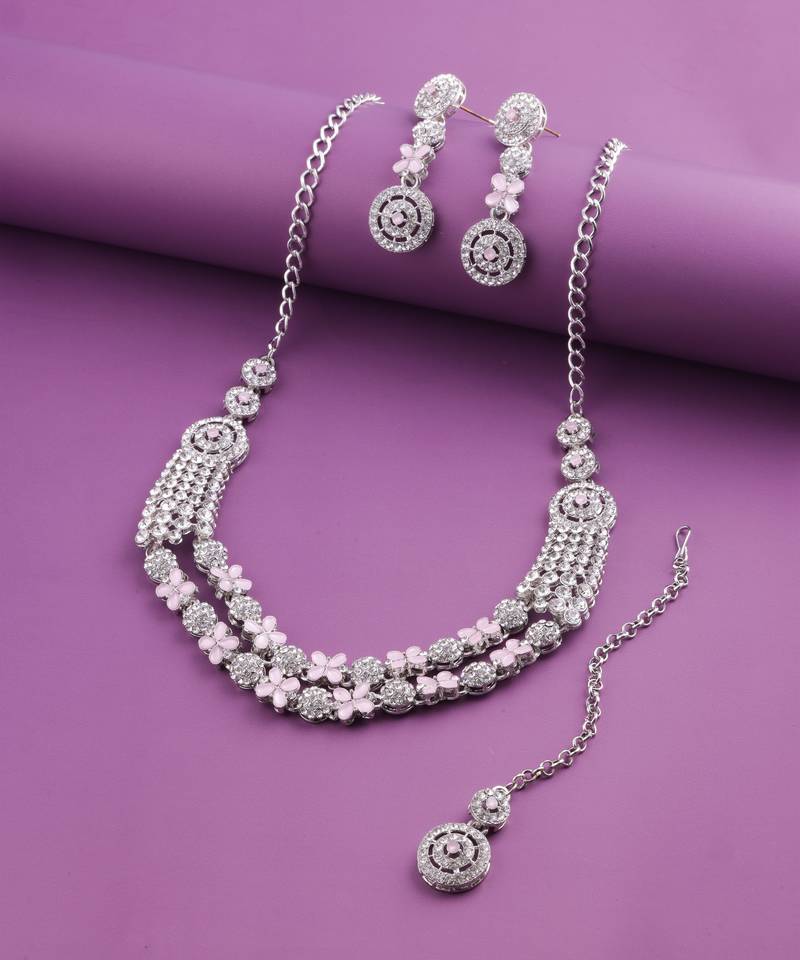 Pink rhodium premium designer american diamond and stone work necklace set