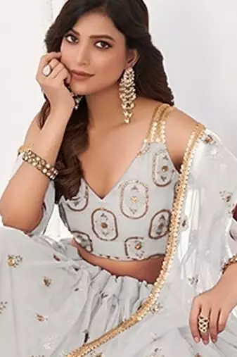 Off White Net Embroidered & Thread Work Semi Stitched Lehenga Choli